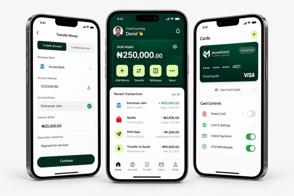 Illustrative Monierave transfer, wallet and card app screens