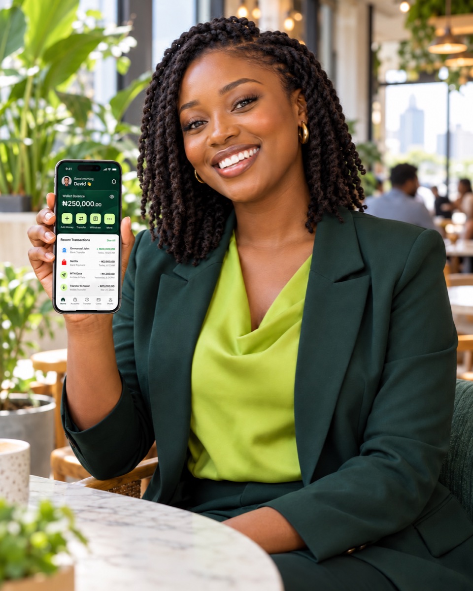 A smiling Nigerian woman holding a phone in a bright modern cafe